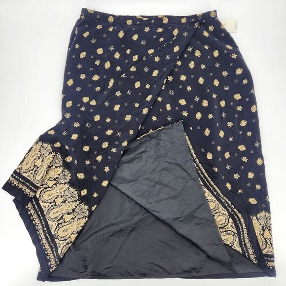 Coldwater Creek Silk Midi Maxi Skirt Size 2X Womens Black Beige Faux Wrap - Picture 2 of 9